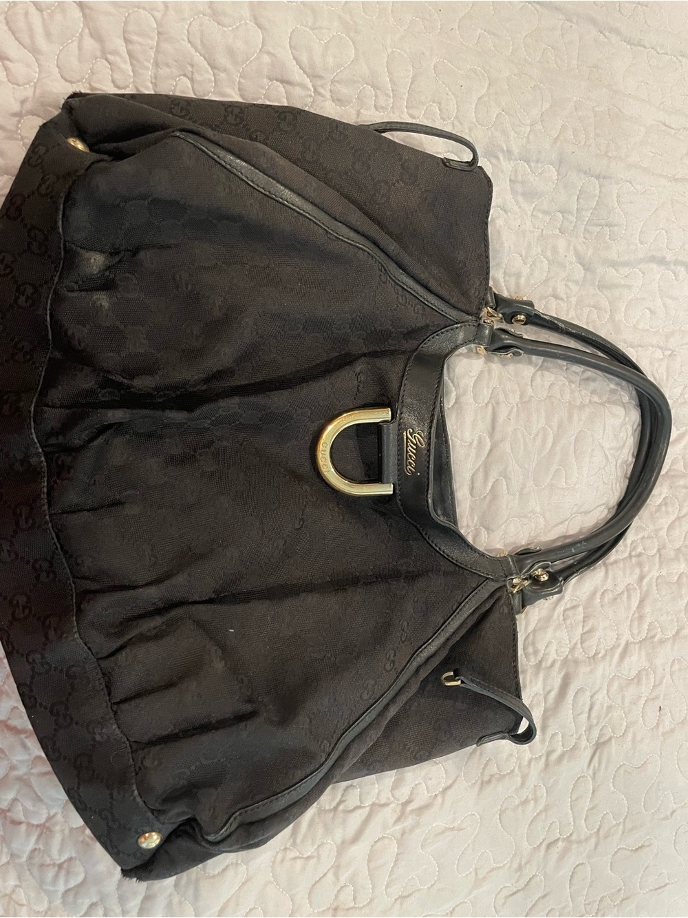Gucci Black Logo-Pattern Shoulder Bag with Gold Hardware